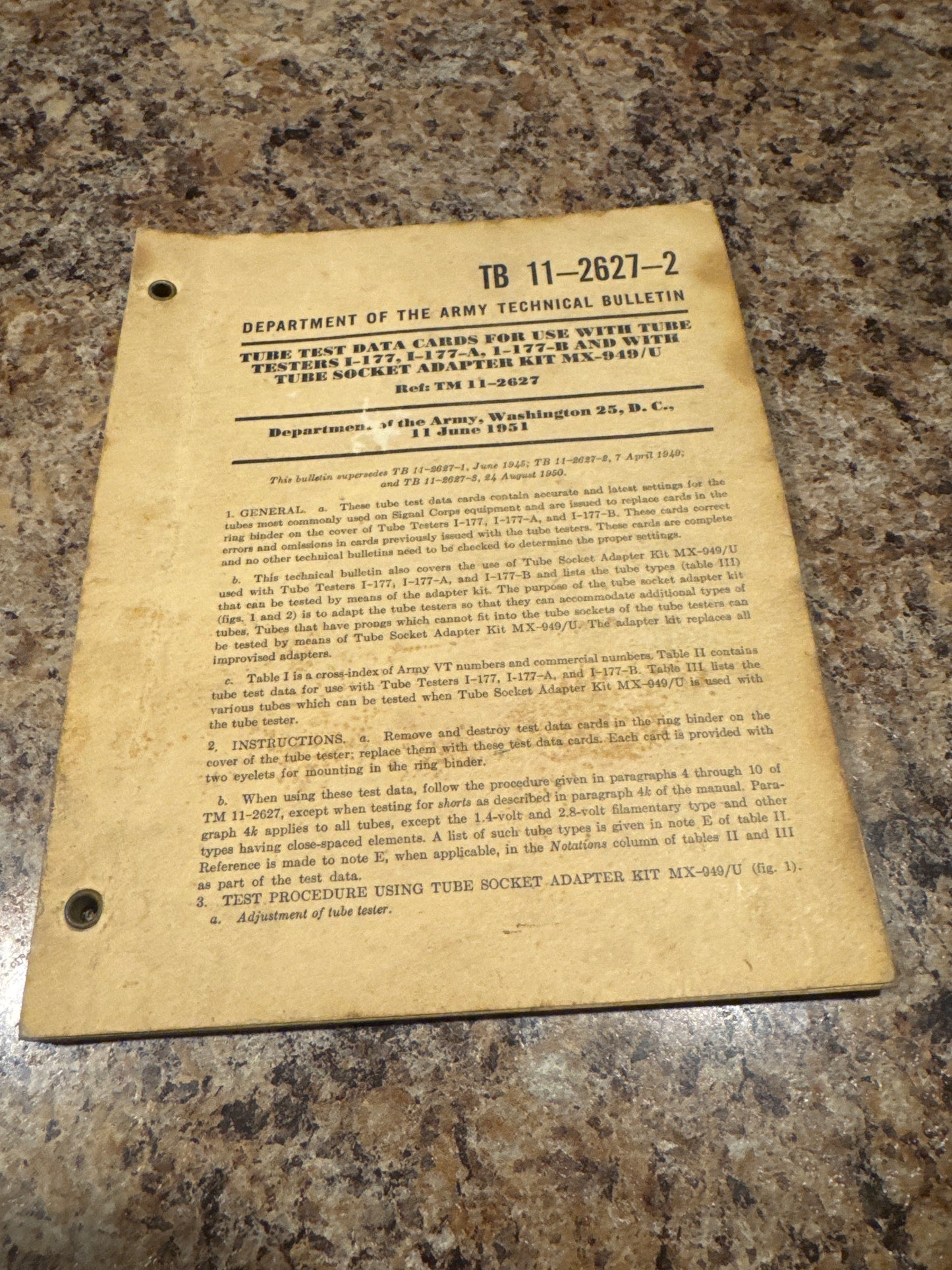 Korean War Era US Army Technical Bulletin TB 11-2627-2 Tube Tester Data Cards 1951 Original