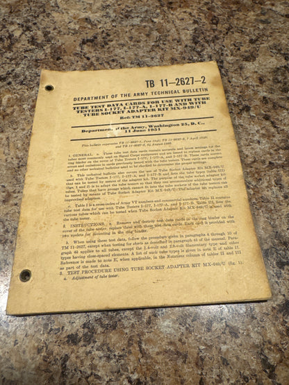 Korean War Era US Army Technical Bulletin TB 11-2627-2 Tube Tester Data Cards 1951 Original