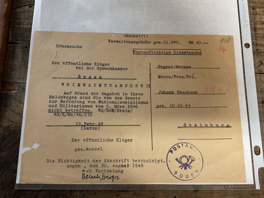 Original 1948 German Denazification Amnesty Certificate-Allied Occupation Document of Johann Ebenbeck