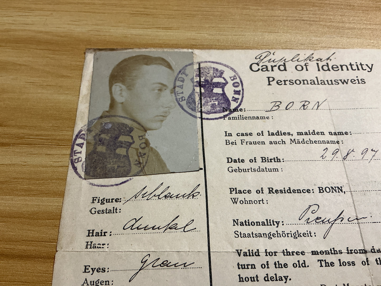 Original 1918-1919 Allied Occupation of Germany Bonn Identity Card Photo ID-Post-WWI