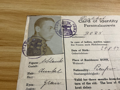 Original 1918-1919 Allied Occupation of Germany Bonn Identity Card Photo ID-Post-WWI