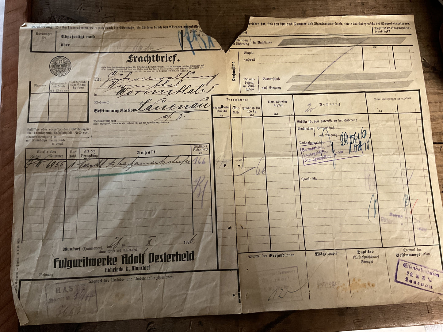 Original Deutsche Reichsbahn Freight Bill