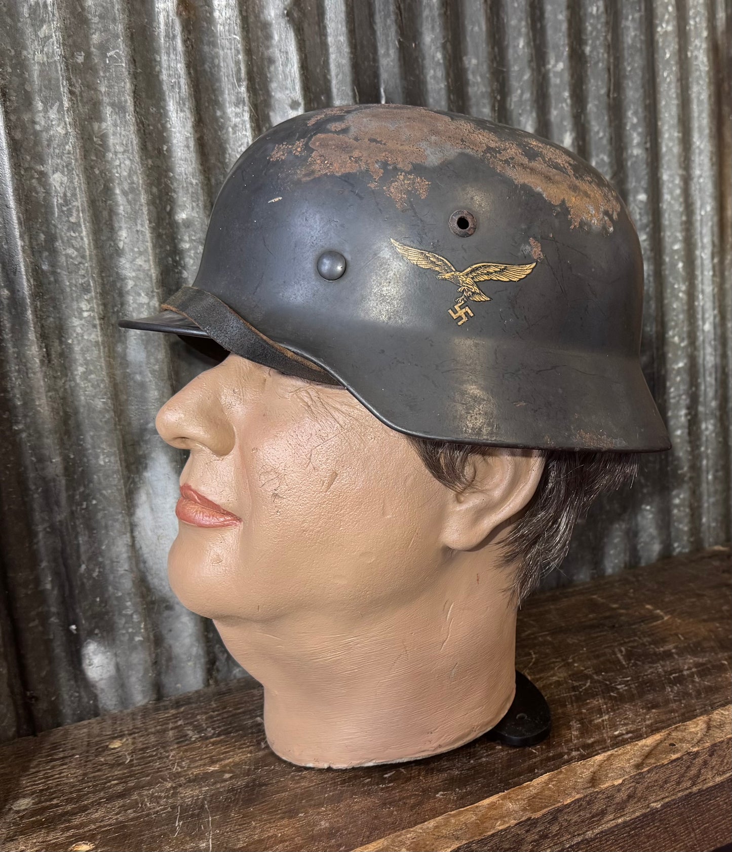 Original WWII German Luftwaffe Double Decal Steel Helmet – Untouched Combat-Worn Example