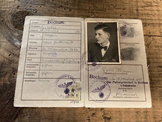 Original WWII German Police Kennkarte Identification Card-Bochum Police District-Complete with Photo