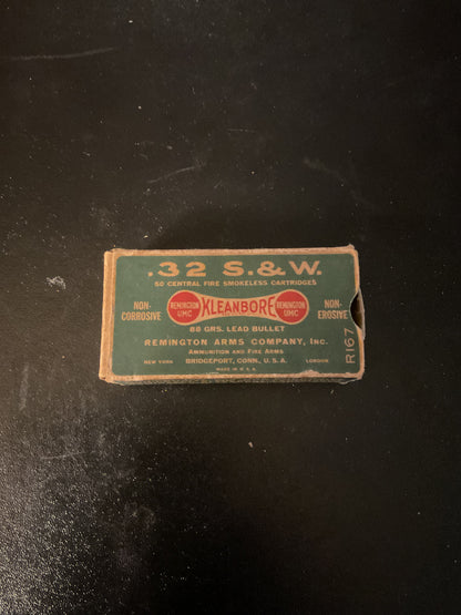 Vintage Remington UMC Kleanbore .32 S&W Cartridges — Box with 32 Rounds