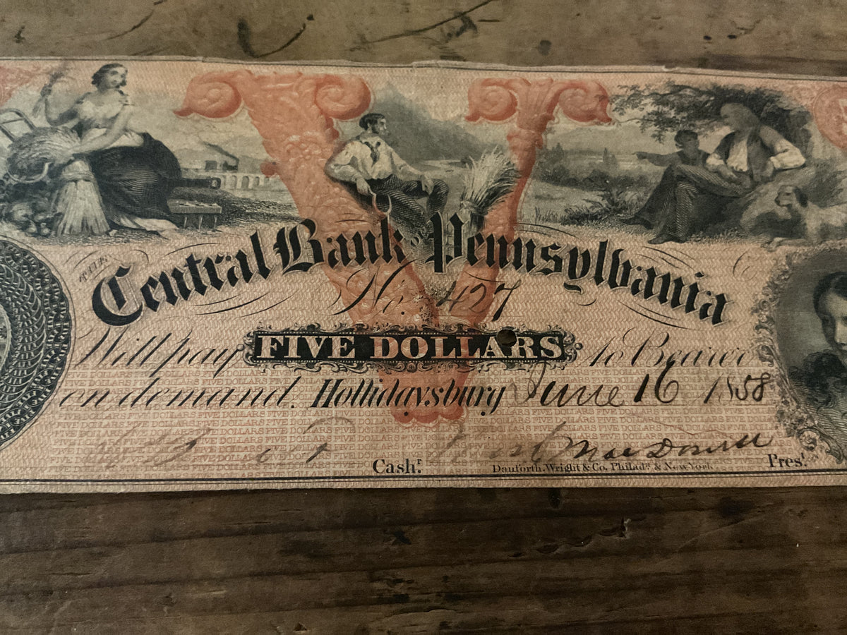 1858 Central Bank of Pennsylvania $5.00 Obsolete Bank Note-Hollidaysburg