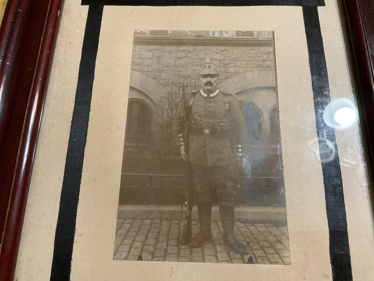 WWI Imperial German Regiment No. 80 Soldier Photograph-Pickelhaub & Gewehr-Framed