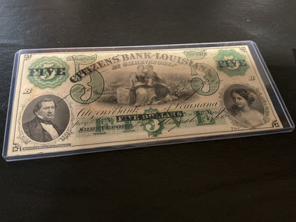 Confederate Citizens Bank of Louisiana Five Dollar Note Civil War