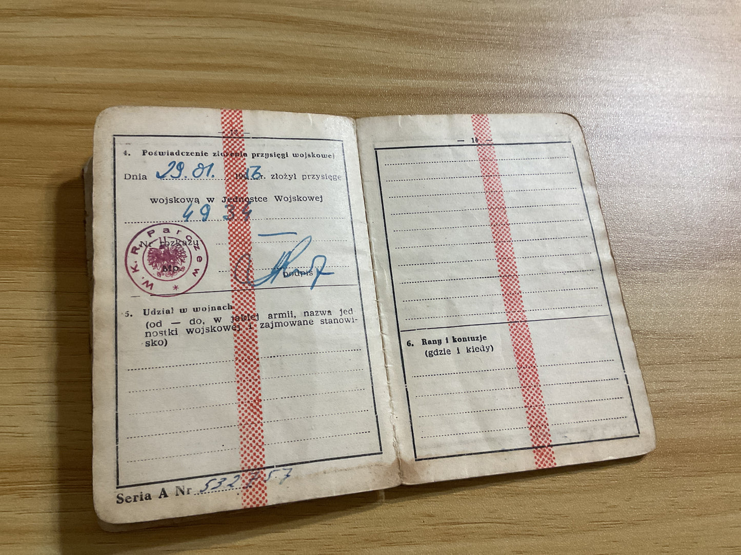 Original 1950’s Polish People’s Army Military Service Book w/ Sailor’s Photo and Extensive Entries & Stamps