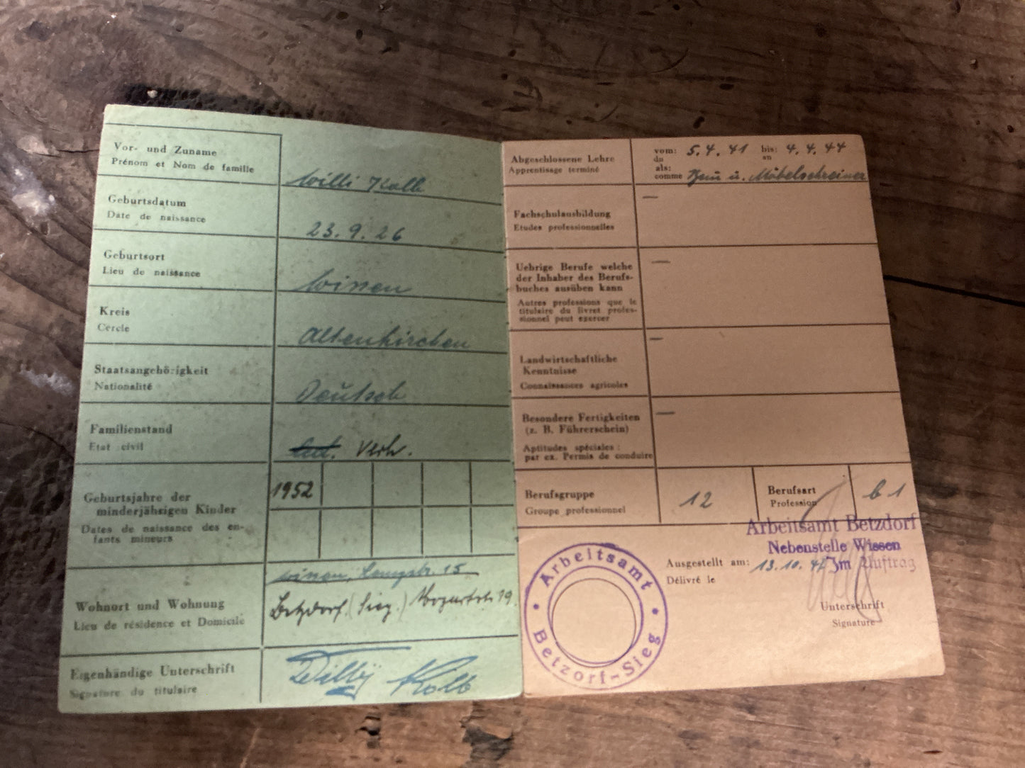 Original 1947 German Berufsbuch (Professional Employment Book)-Named to Willi Kolb