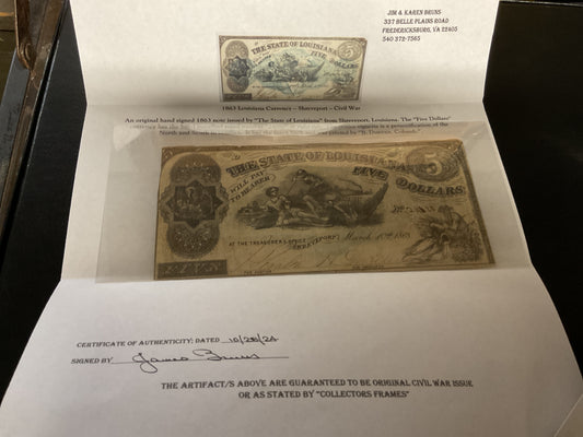 Confederate State of Louisiana Five Dollar Bill civil war