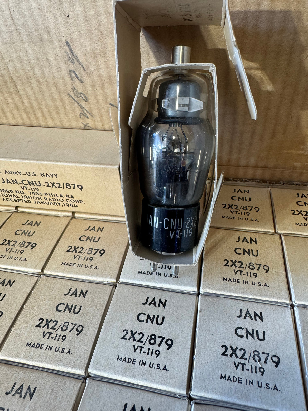 WWII National Union JAN-CNU 2X2/879 VT-119 Vacuum Tubes – NOS Lot of 49 in Original Shipping Carton