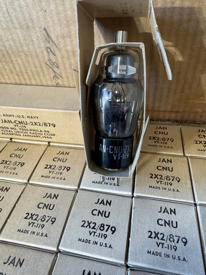 WWII National Union JAN-CNU 2X2/879 VT-119 Vacuum Tubes – NOS Lot of 49 in Original Shipping Carton