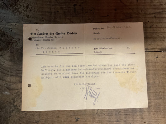 Original WWII German Dachau District Admin Letter-Petroleum Supply Notice-1942