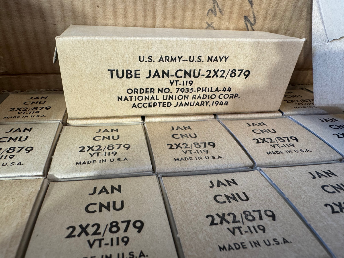 WWII National Union JAN-CNU 2X2/879 VT-119 Vacuum Tubes – NOS Lot of 49 in Original Shipping Carton