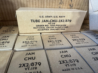 WWII National Union JAN-CNU 2X2/879 VT-119 Vacuum Tubes – NOS Lot of 49 in Original Shipping Carton