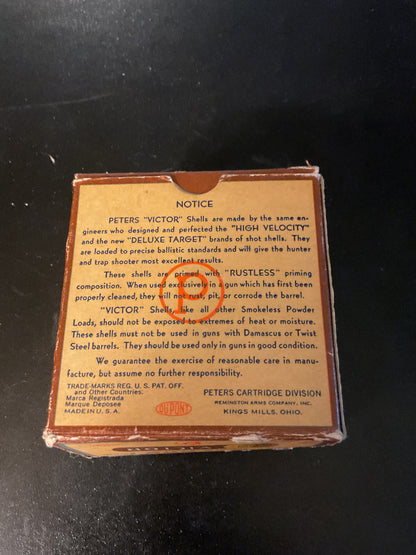Vintage Peters Victor Rustless 12 Gauge Smokeless Shotgun Shells — Full Box of 25