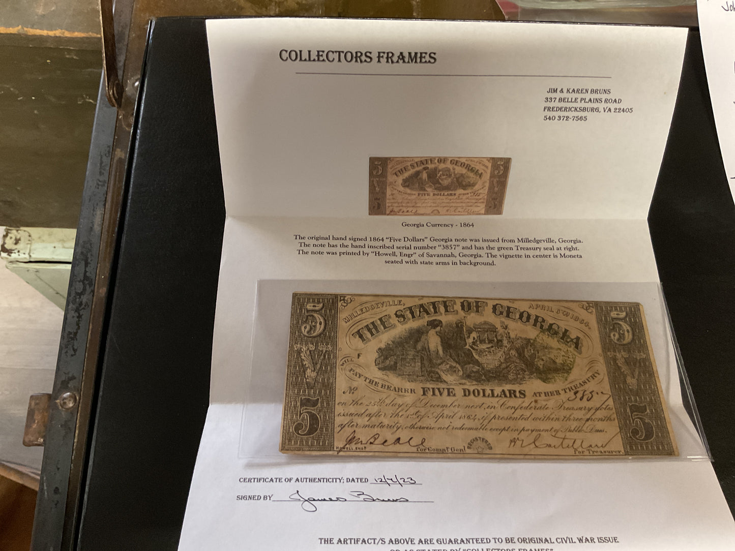 Confederate of Georgia Five Dollar Bill Civil War