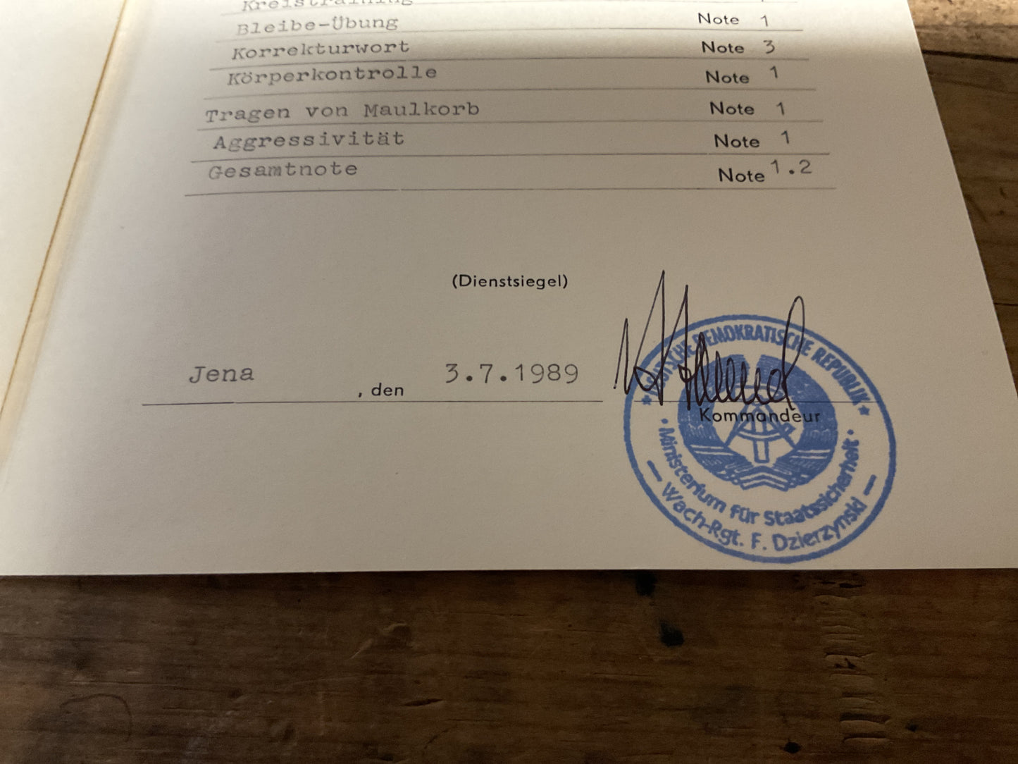 Original East German DDR Border Guard Dog Training Certificate-1986 to 1989