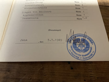 Original East German DDR Border Guard Dog Training Certificate-1986 to 1989
