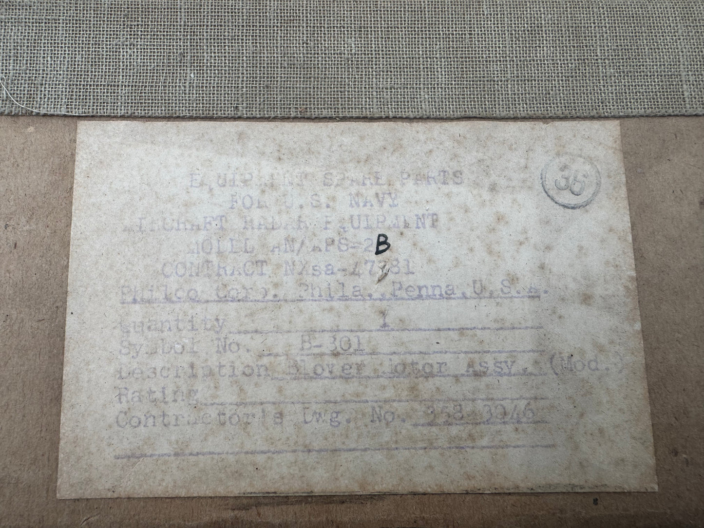 WWII U.S. Navy Aircraft Radar Equipment Component-Blower Motor