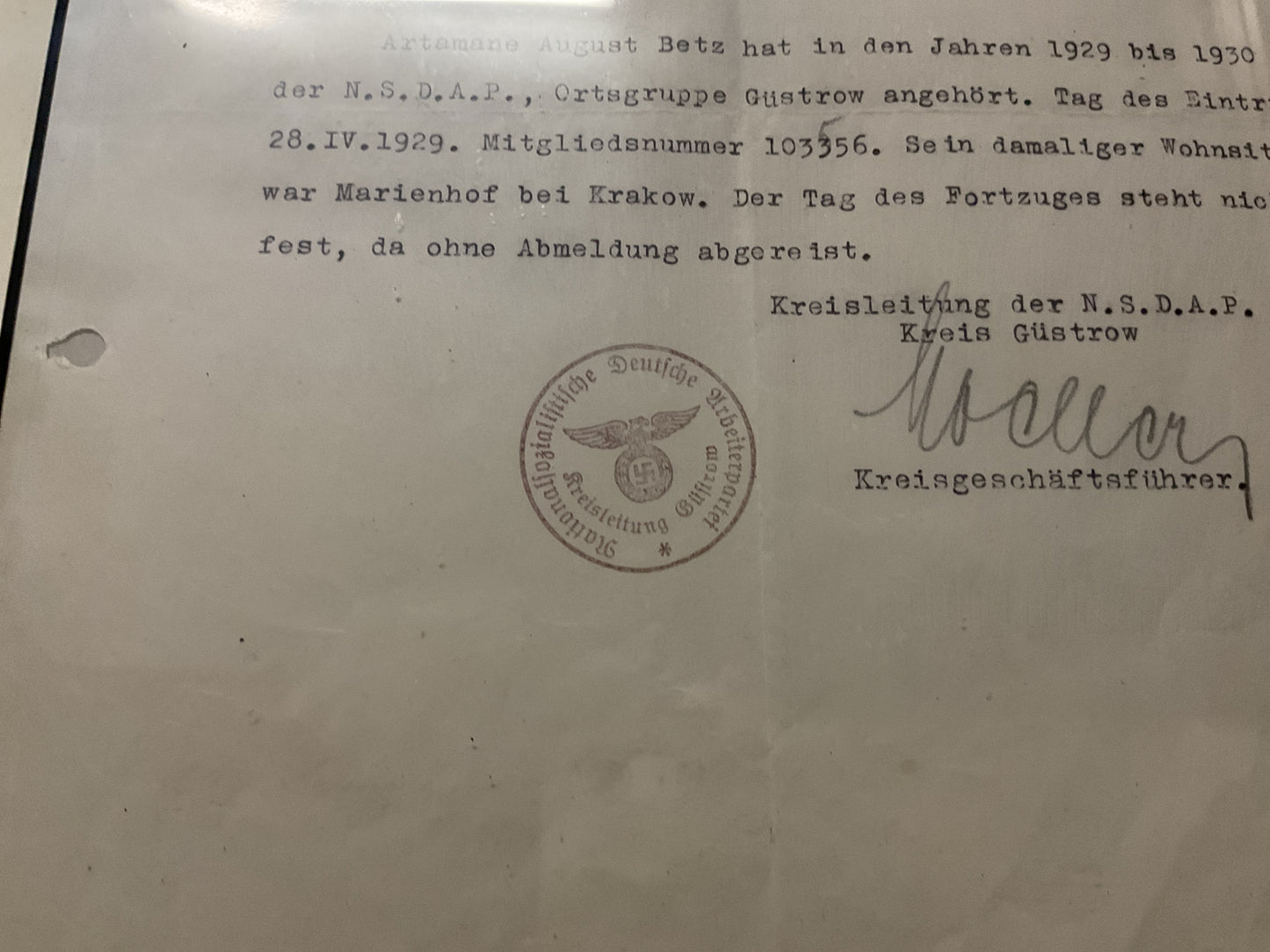NSDAP Membership Verification Certificate-Kreisleitung Gustrow-1934