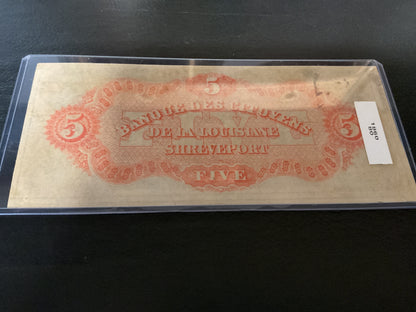 Confederate Citizens Bank of Louisiana Five Dollar Note Civil War