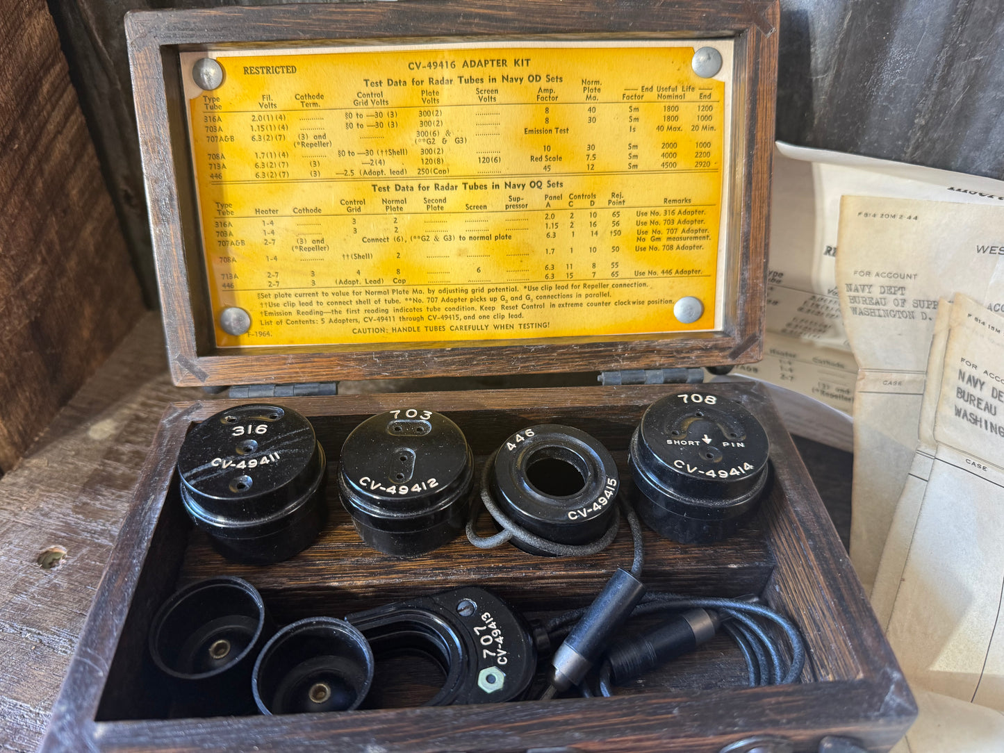 WWII U.S. Navy Bureau of Ships CV-49416 Radar Tube Tester Adapter Kit – Weston – With Original Navy Paperwork