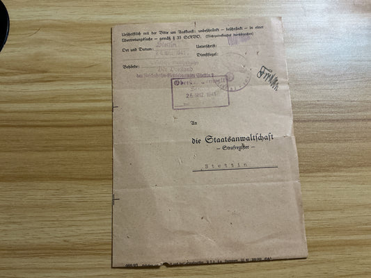 WWII German Criminal Records Registry Extract-(Stettin, 1941)