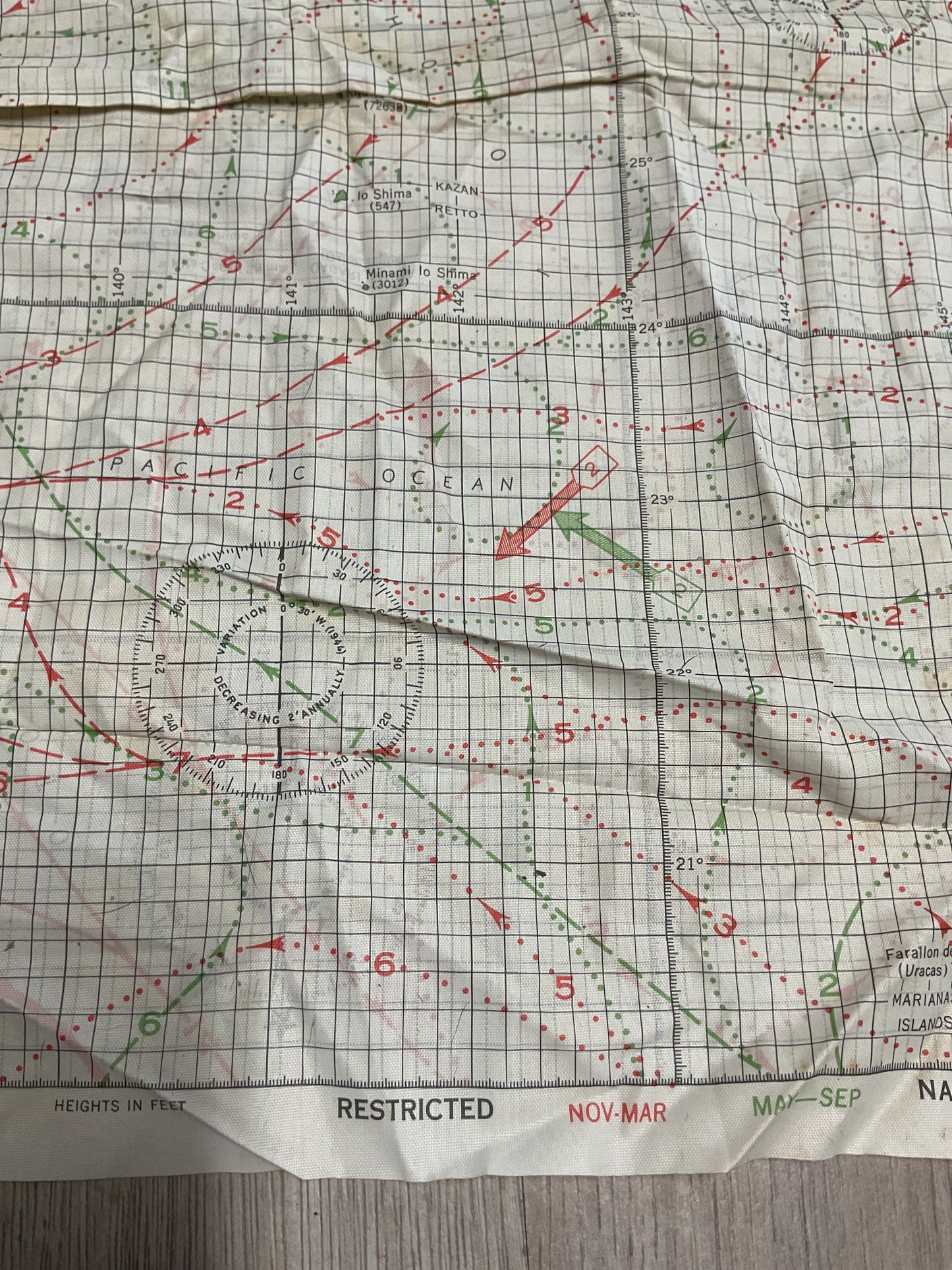 WWII U.S. Navy Pacific Ocean Cloth Navigation Chart-Ocean Currents Map-Original