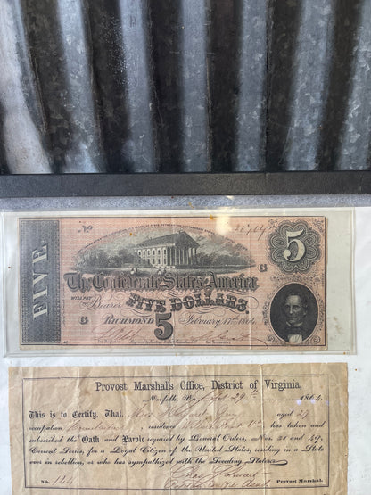 1864 Confederate States of America $5 Note & Norfolk, Virginia Oath of Allegiance Document Display