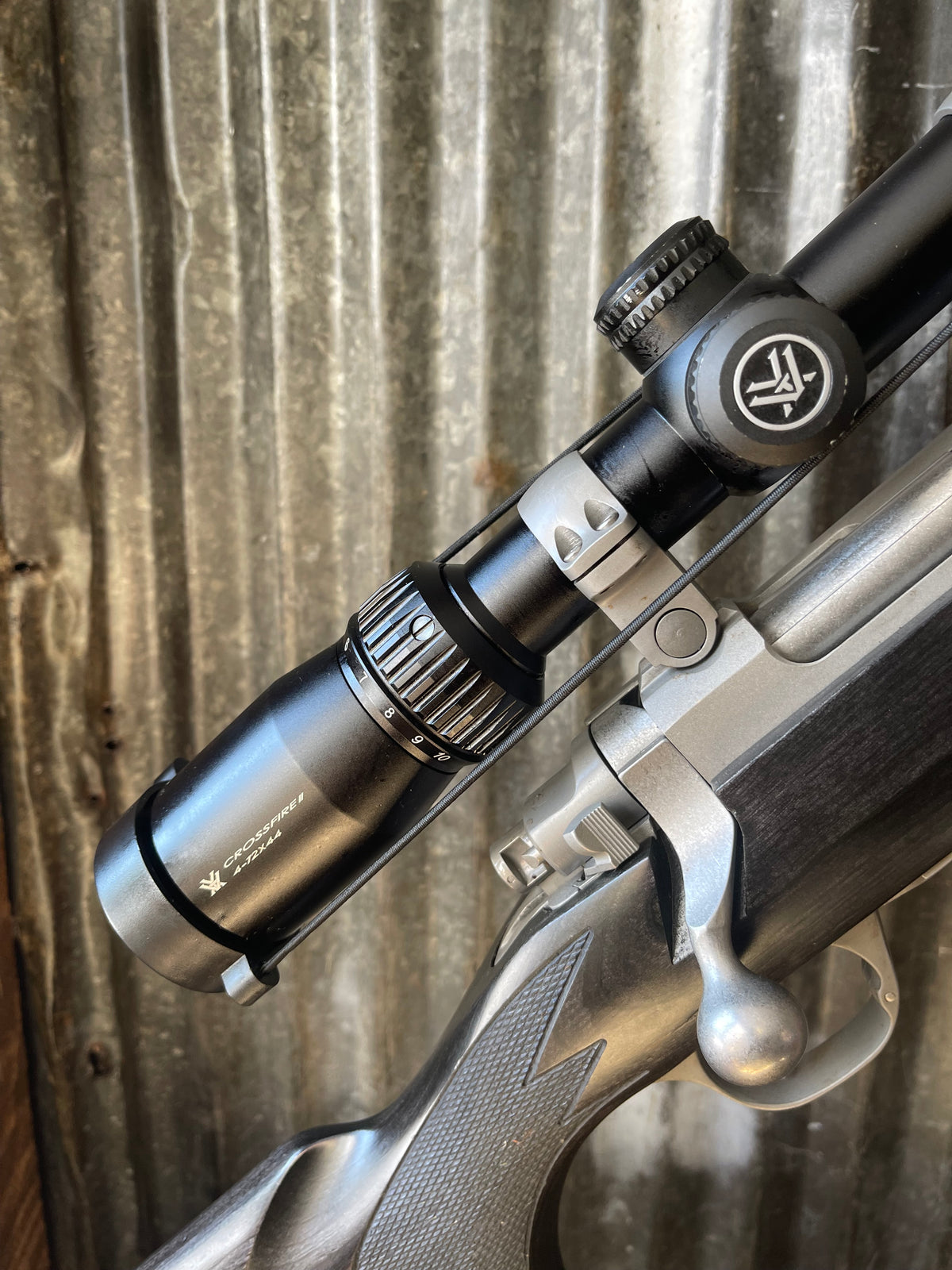 Ruger M77 Compact .243 Win – Stainless / Black Laminate – Vortex Crossfire II 4-12x Scope