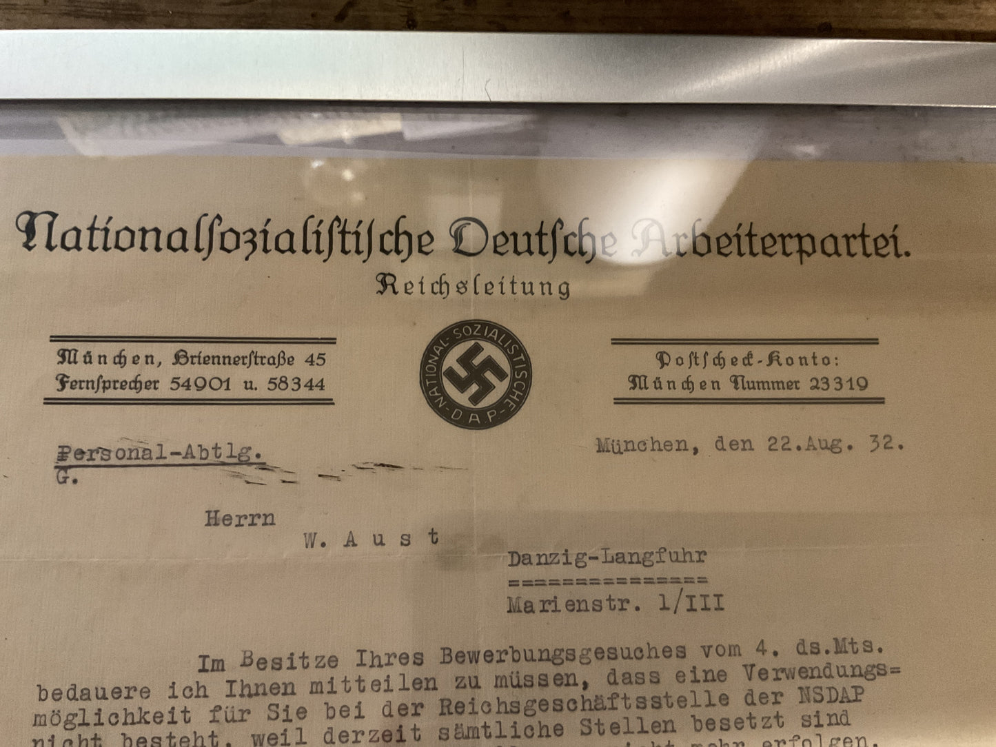 Original 1932 NSDAP Reichsleitung Employment Rejection Letter