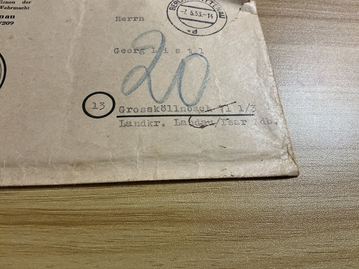 1953 German Deutsche Dienststelle WASt Wehrmacht Casualty Records Envelope-French Archive Stamp