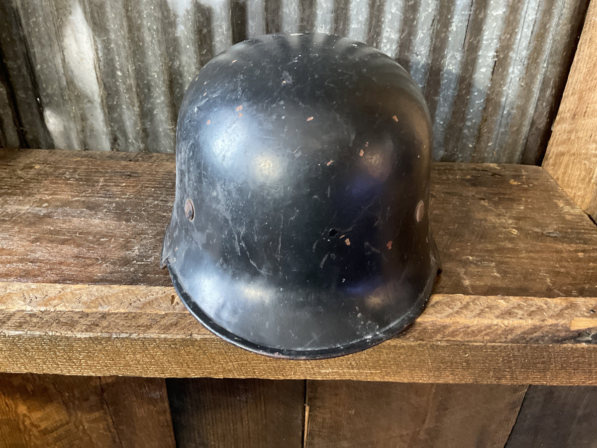 German M34 Pattern Fire/Police Helmet-Black Finish w/ Leather Liner & Chinstrap