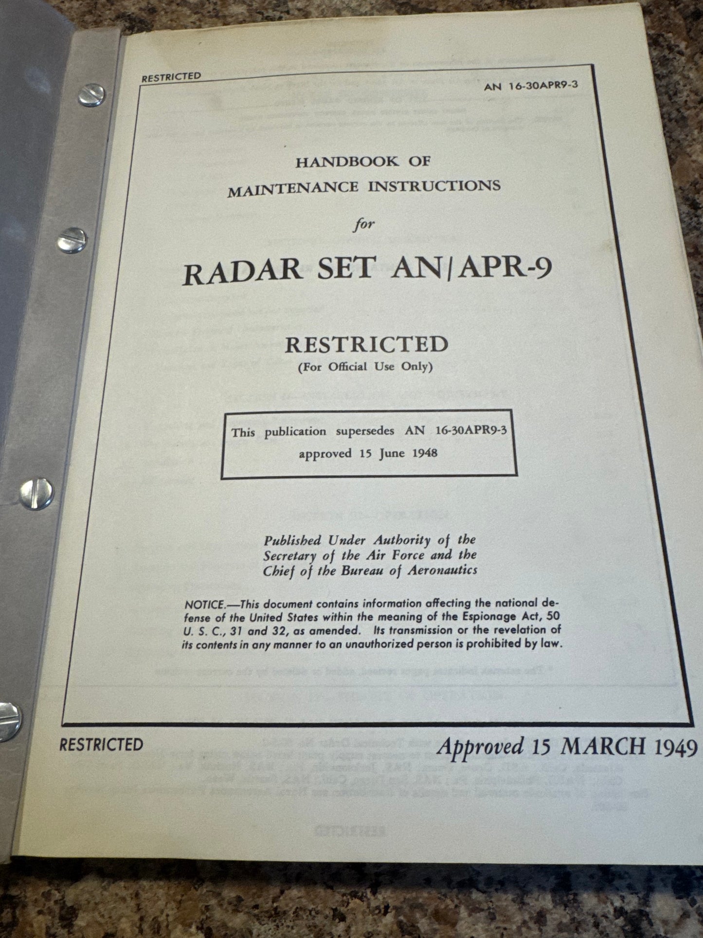 1949 Restricted AN/APR-9 Radar Set Maintenance Manual – Early Aircraft Radar/Electronic Warfare