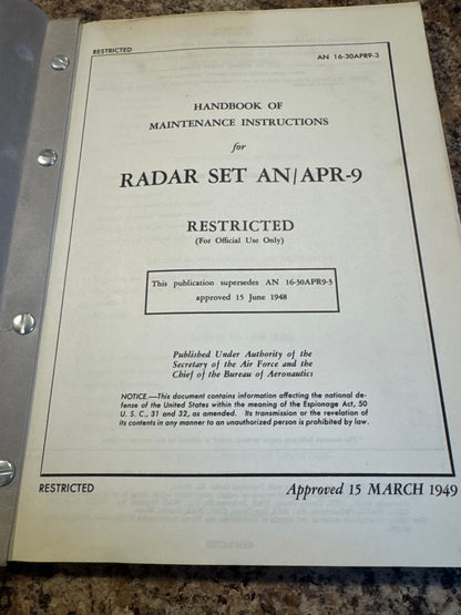1949 Restricted AN/APR-9 Radar Set Maintenance Manual – Early Aircraft Radar/Electronic Warfare