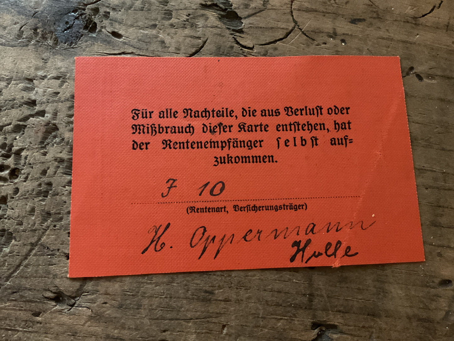Original WWII German Postal Pension Payment Card-(Rentenkarte)