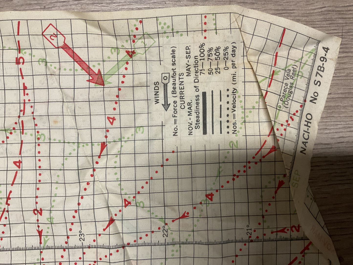WWII U.S. Navy Pacific Ocean Cloth Navigation Chart-Ocean Currents Map-Original