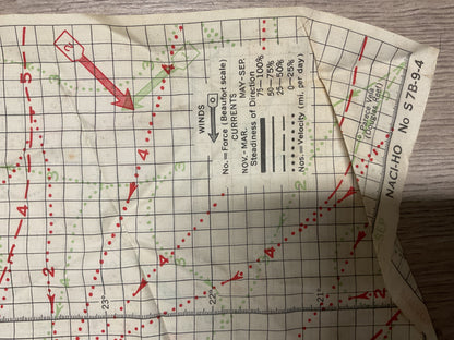 WWII U.S. Navy Pacific Ocean Cloth Navigation Chart-Ocean Currents Map-Original