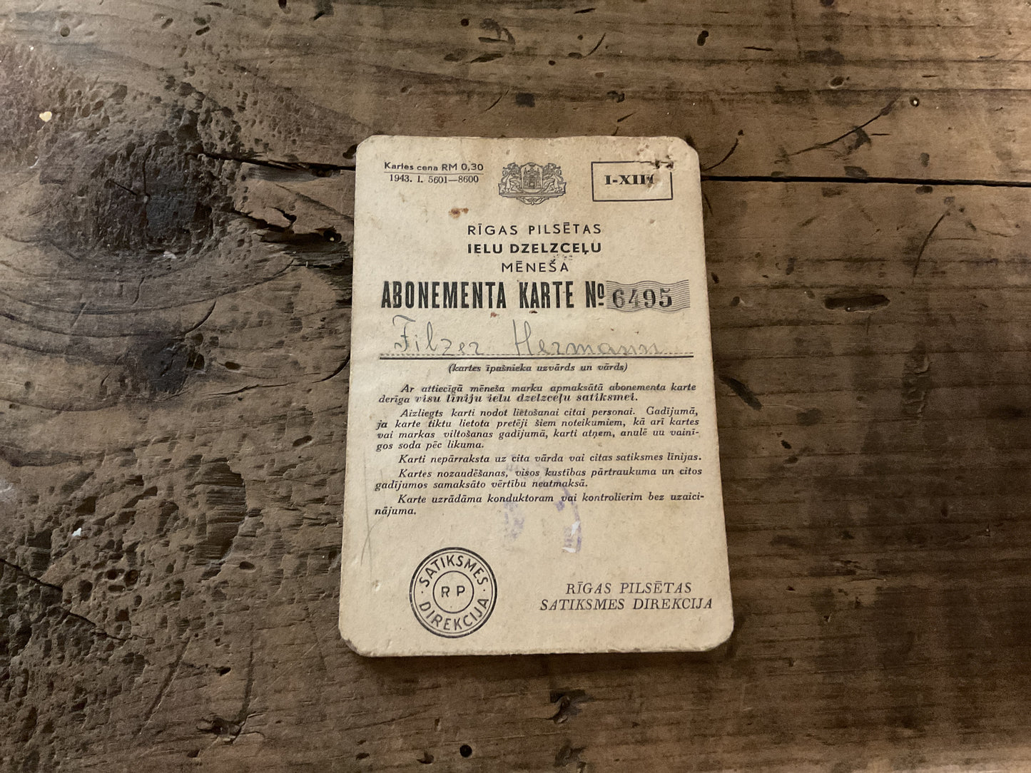 1943 Riga, Latvia Monthly Street Railway Pass w/ Photo
