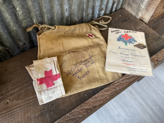 WWII Red Cross Drawn String Bag String Bag with Arm Band & Red Cross Pamphlet named