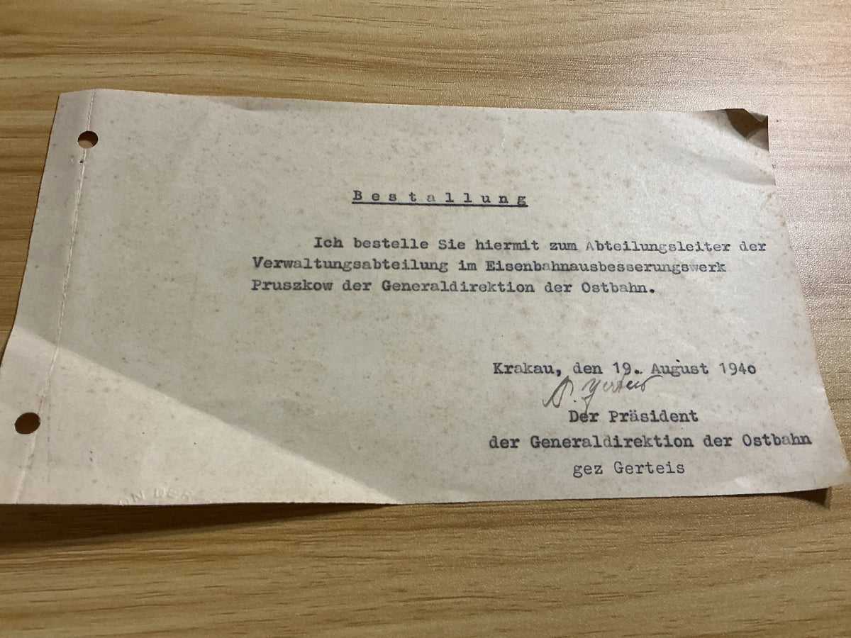WWII German Ostbahn Appointment Document-Krakow, 1940