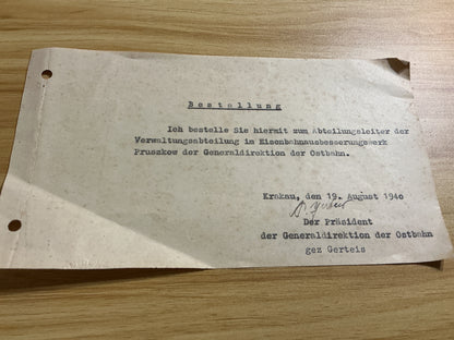 WWII German Ostbahn Appointment Document-Krakow, 1940