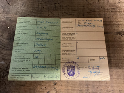 Original 1948 German Berufsbuch ( Professional Work Book )- Named: Erich Kolsdorf Born November 9, 1914