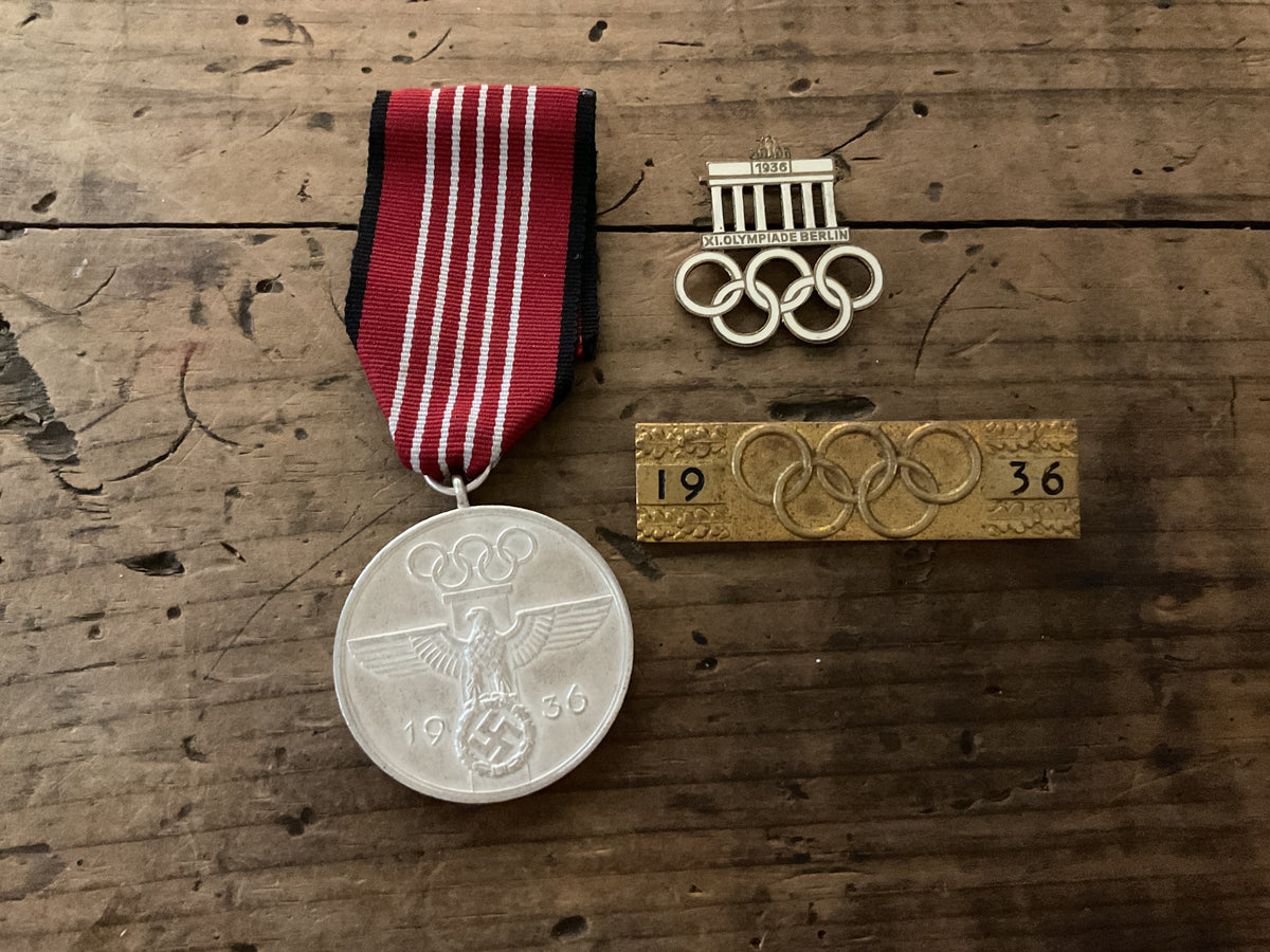 1936 Olympic Memorabilia Three-Piece Lot-Service Medal, Berlin Visitors Badge, & Rings Brooch