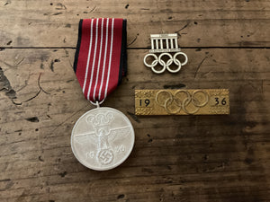 1936 Olympic Memorabilia Three-Piece Lot-Service Medal, Berlin Visitors Badge, & Rings Brooch