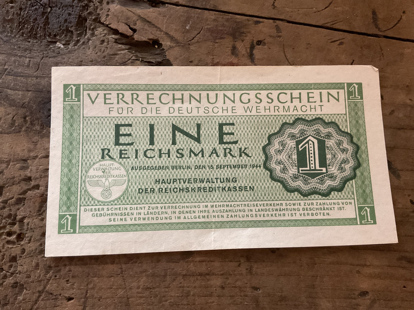 WWII German Wehrmacht 1 Reichsmark Military Occupation Currency Note-1944