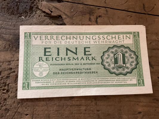 WWII German Wehrmacht 1 Reichsmark Military Occupation Currency Note-1944