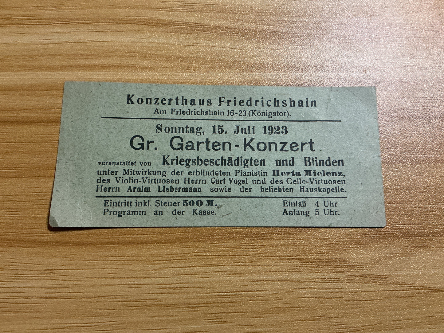 1923 Berlin Germany Konzerthaus-Friedrichshain Garden Concert Ticket-Weimar Hyperinflation Era